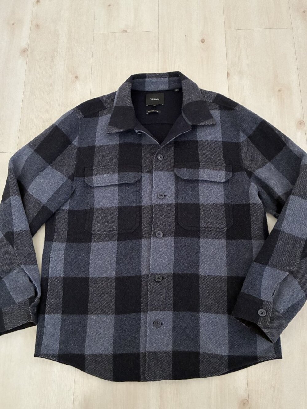 Vince Men's Plaid Splittable Wool Blend Shirt Jacket Shacket Blue Black L
